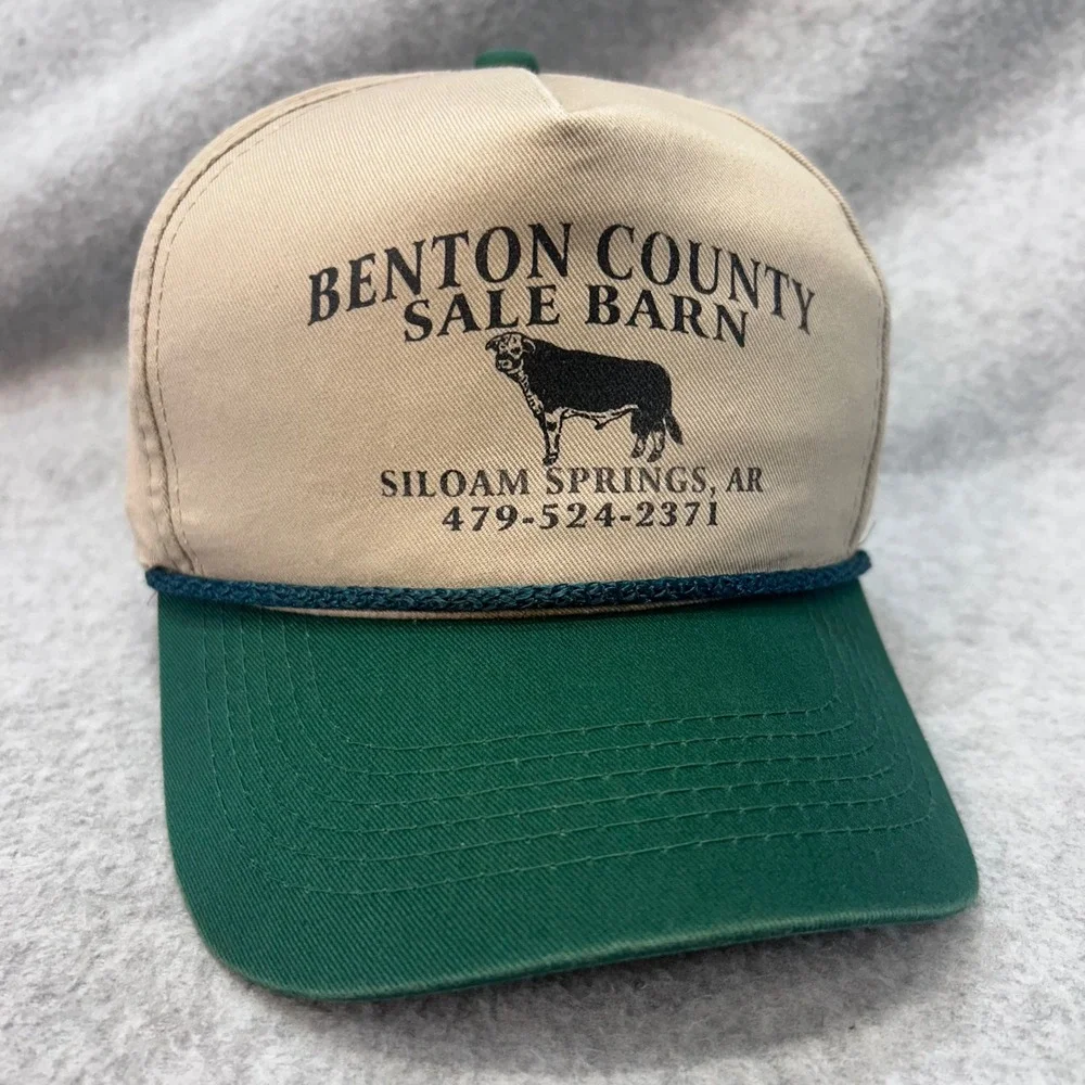 Benton County Sale Barn Mens Tan Green OC Hat Snapback Rope Trucker OSFM